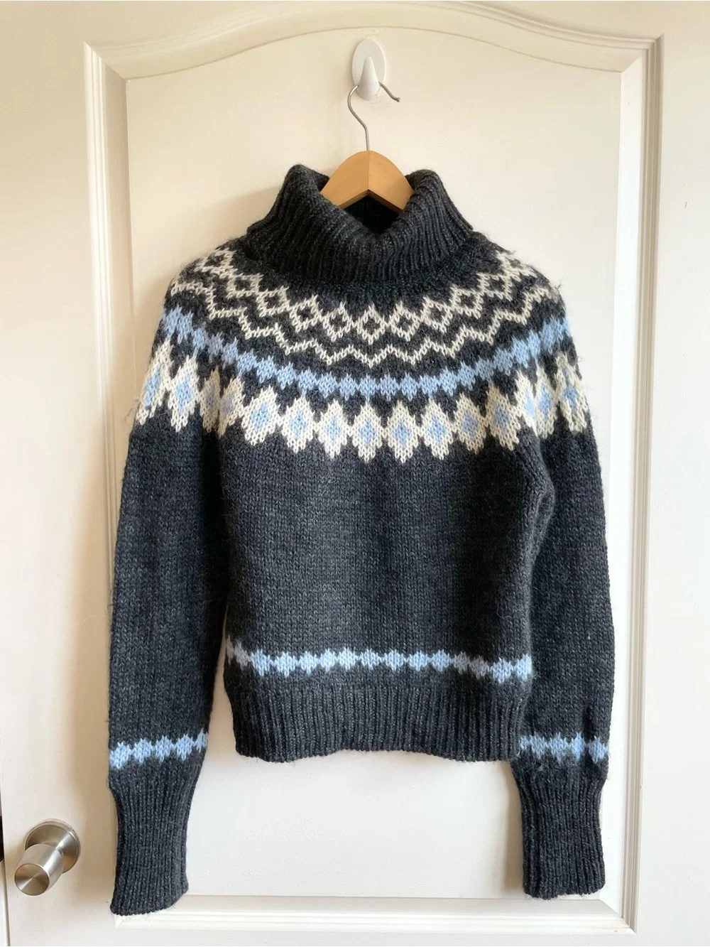 Vtg J.crew Womens M Fuzzy Argyle Turtle Neck Sweater Mohair Wool Preppy Nordic